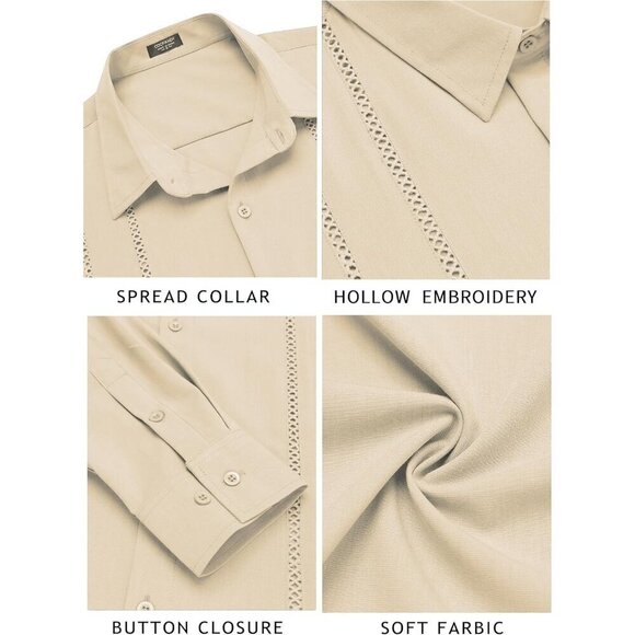 ❤️Mens Cream Cuban Shirt Casual Button Down Shirts Long Sleeve Beach Shirts - Picture 6 of 7